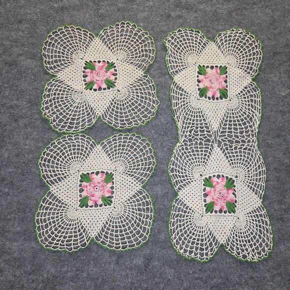 Handmade Crochet Doily Set Pink 3D Rose Runners Placemats Cottagecore Lot 3 - Picture 4 of 7